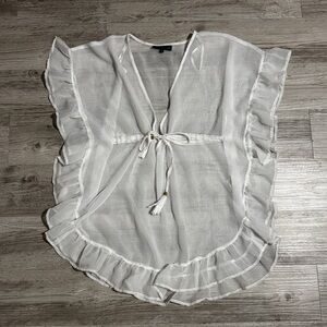 Sheer Ruffle Tie-Front Swim Coverup - White